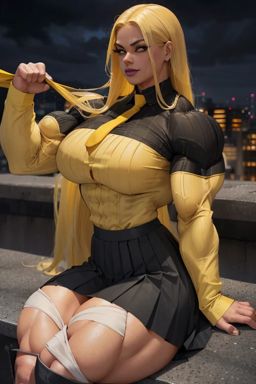 ((Close-up)), tall, (yellow hair) beautiful muscular latino woman, long flowing hair, light brown skinned, closed smile, (black lipstick), (massive muscles), (hyper muscle), (ginormous bulky muscles), gray eyes, ((long sleeve yellow pleated shirt)), ((long black pleated skirt)), (sitting on a ledge), necktie, boots, (on a raining rooftop), 