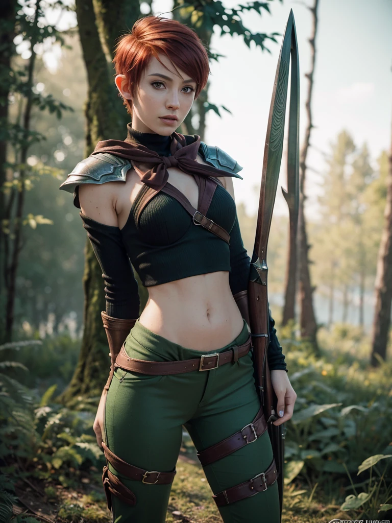 slim feminine figure, redhead, best quality, realistic skin texture, photography, film grain texture and high contrast, extremely high-resolution details, photographic, photorealistic, hyper-realistic, HDR, masterpiece, ((short pixie hair)), dressed up as a night elf hunter from world of warcraft, full green hunter armor, (a bow), a green lust forest in the background, brown pants