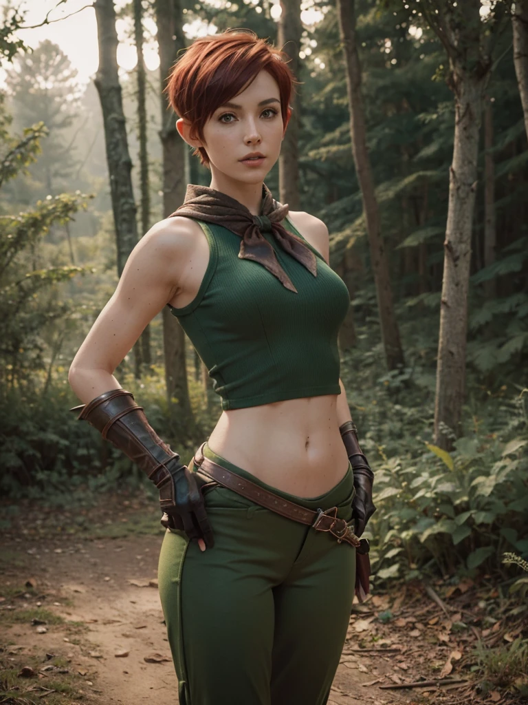 slim feminine figure, redhead, best quality, realistic skin texture, photography, film grain texture and high contrast, extremely high-resolution details, photographic, photorealistic, hyper-realistic, HDR, masterpiece, ((short pixie hair)), dressed up as a night elf hunter from world of warcraft, full green hunter armor, (a bow), a green lust forest in the background, brown pants