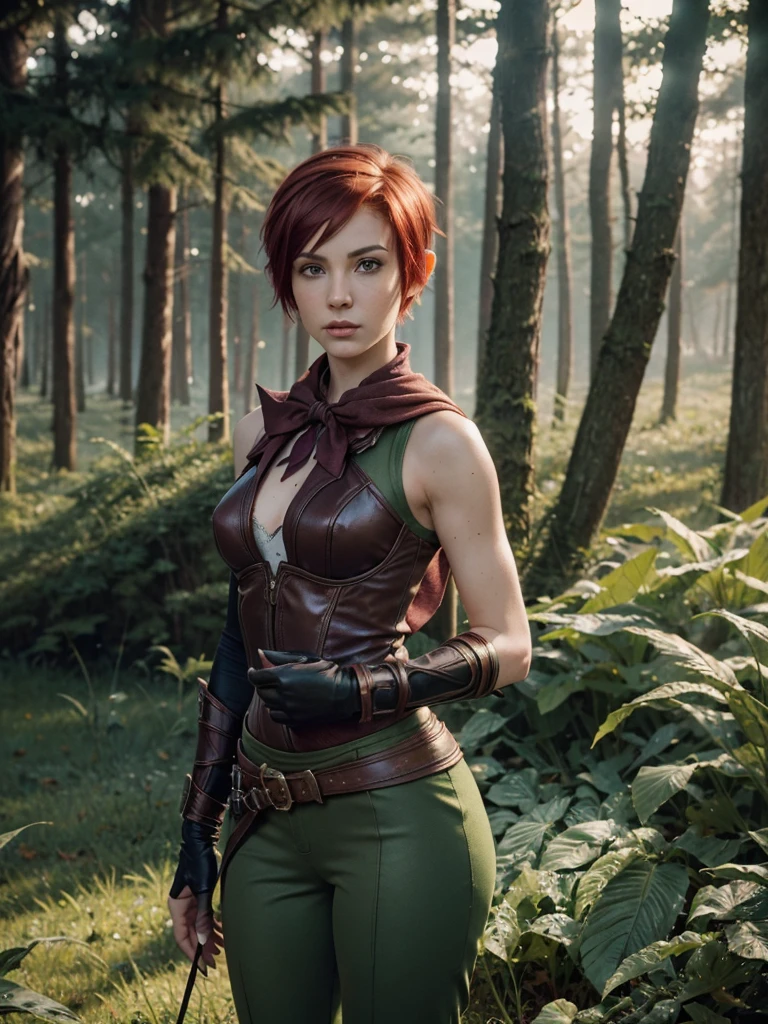 slim feminine figure, redhead, best quality, realistic skin texture, photography, film grain texture and high contrast, extremely high-resolution details, photographic, photorealistic, hyper-realistic, HDR, masterpiece, ((short pixie hair)), dressed up as a night elf hunter from world of warcraft, full green hunter armor, (a bow), a green lust forest in the background, brown pants