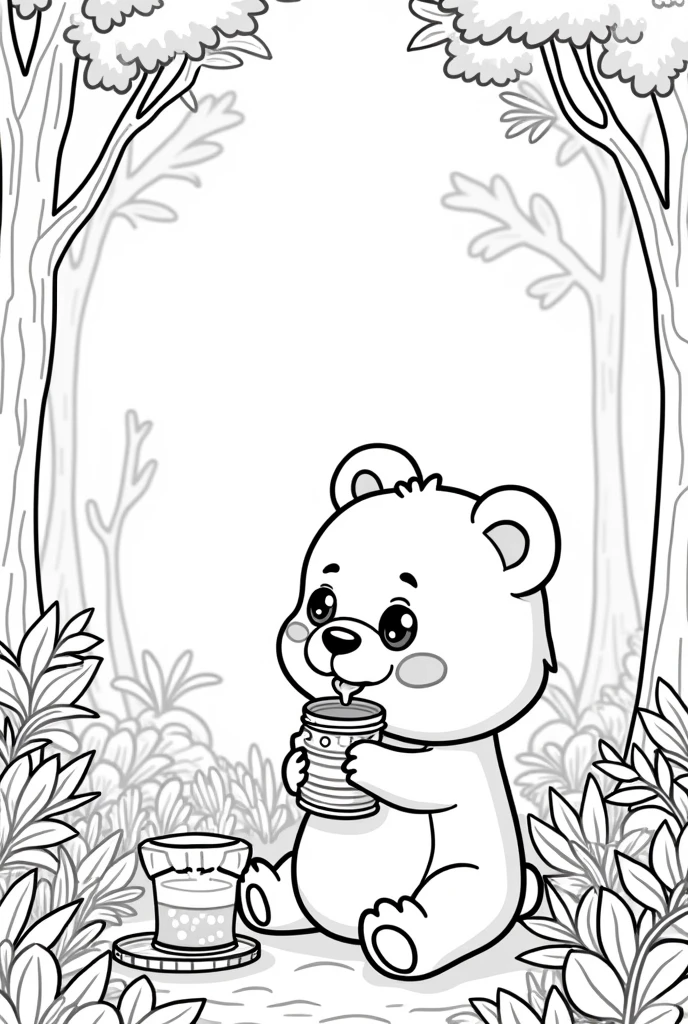 coloring page with a cute bear eating honey from a jar in the forest, kawaii style