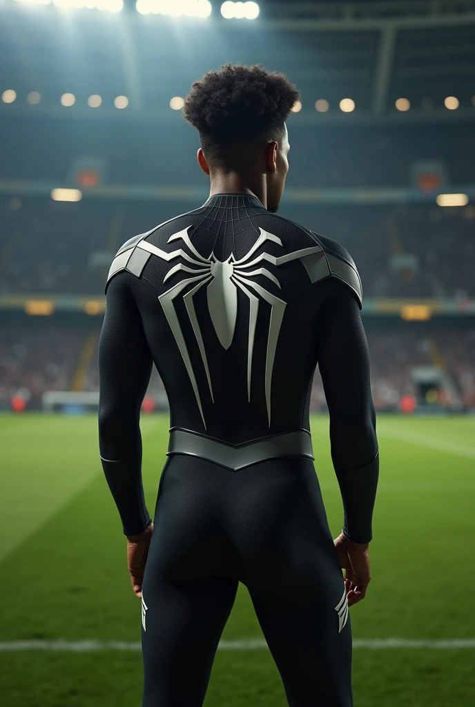 Spiderman Three point hero iconic pose in black and white Spiderman suit, Afro-Portuguese descent man, short afro hair, in soccer stadium, dark green field grass, dim light, (realistic, photo-realistic:1.37), (natural skin texture, hyperrealism, soft light, sharp:1.2), foggy,