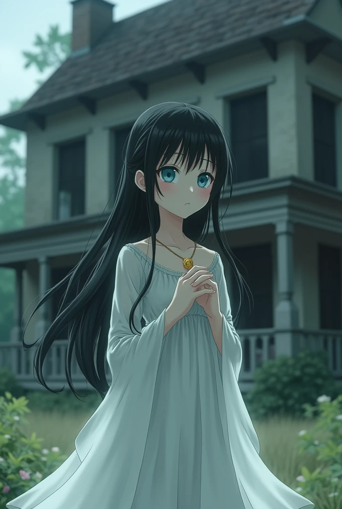 Create an animated image of a beautiful ghost girl, with white skin, blue eyes, long loose black hair, no bangs, wearing a simple white floor-length dress and holding a golden necklace on her chest, with an old house on the background. .