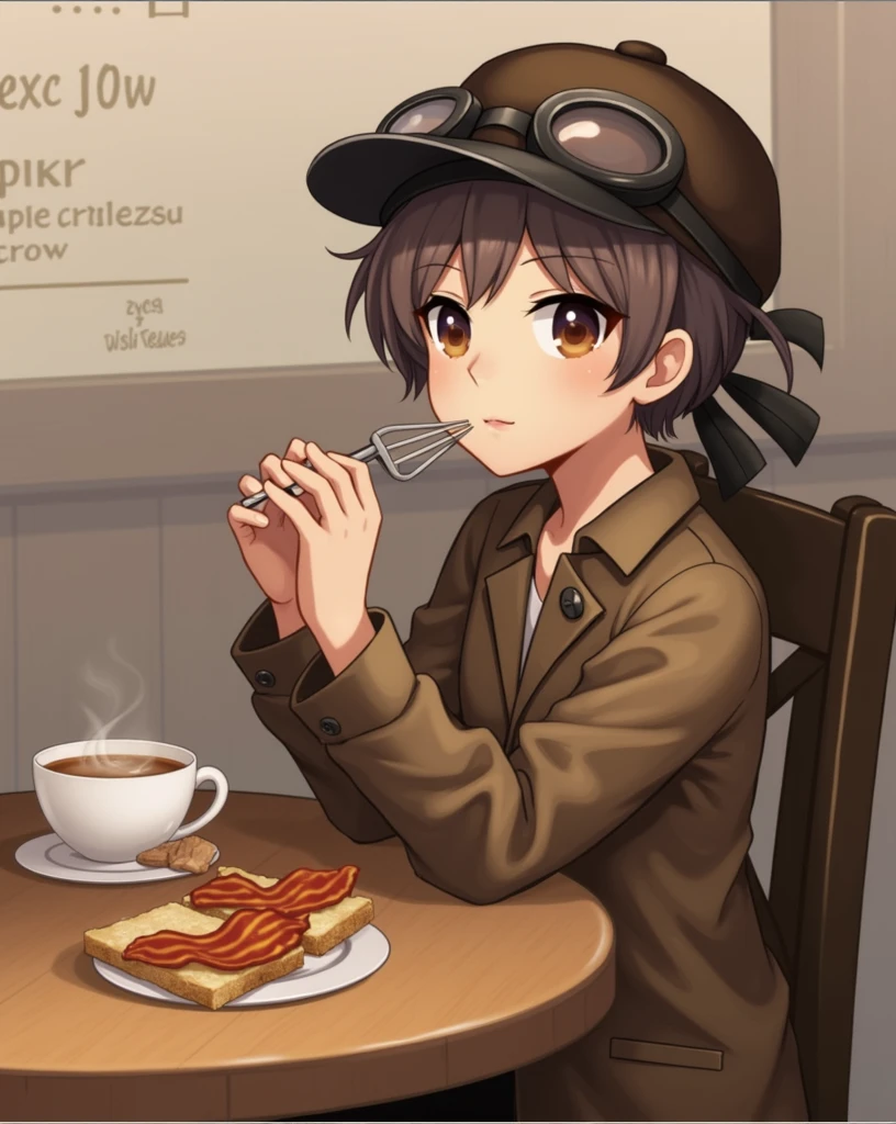 White Haired Girl、Eating bacon toast for breakfast、Western-style cafe、I notice the gaze、Brown goggle cap、Khaki Coat、