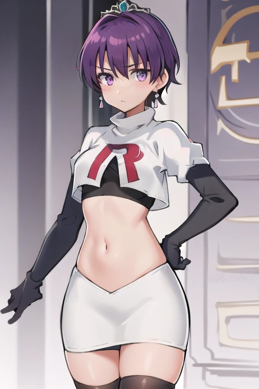 best quality, (masterpiece:1.2), illustration, absurdres,
(1girl, solo), (beautiful detailed girl), 
Klaudia von Auslese, purple_hair, short_hair, purple_eyes, small_breasts, timid, (shy:0.8),
jewelry, earrings, silver tiara, team rocket,team rocket uniform,white skirt,red letter R,crop top,black thigh-highs,black elbow gloves, looking at viewer,
