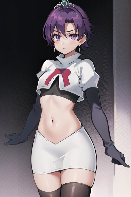 best quality, (masterpiece:1.2), illustration, absurdres,
(1girl, solo), (beautiful detailed girl), 
Klaudia von Auslese, purple_hair, short_hair, purple_eyes, small_breasts, timid, (shy:0.8),
jewelry, earrings, silver tiara, team rocket,team rocket uniform,white skirt,red letter R,crop top,black thigh-highs,black elbow gloves, looking at viewer,
