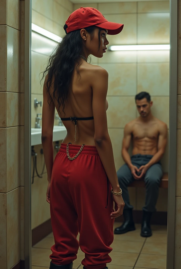 Young mixed-race gas station attendant, wearing no shirt, with red cap, thin gold chain around the neck, red sweatpants and black boots looking at herself in the bathroom mirror, being watched in the background by a man sitting on the bench.