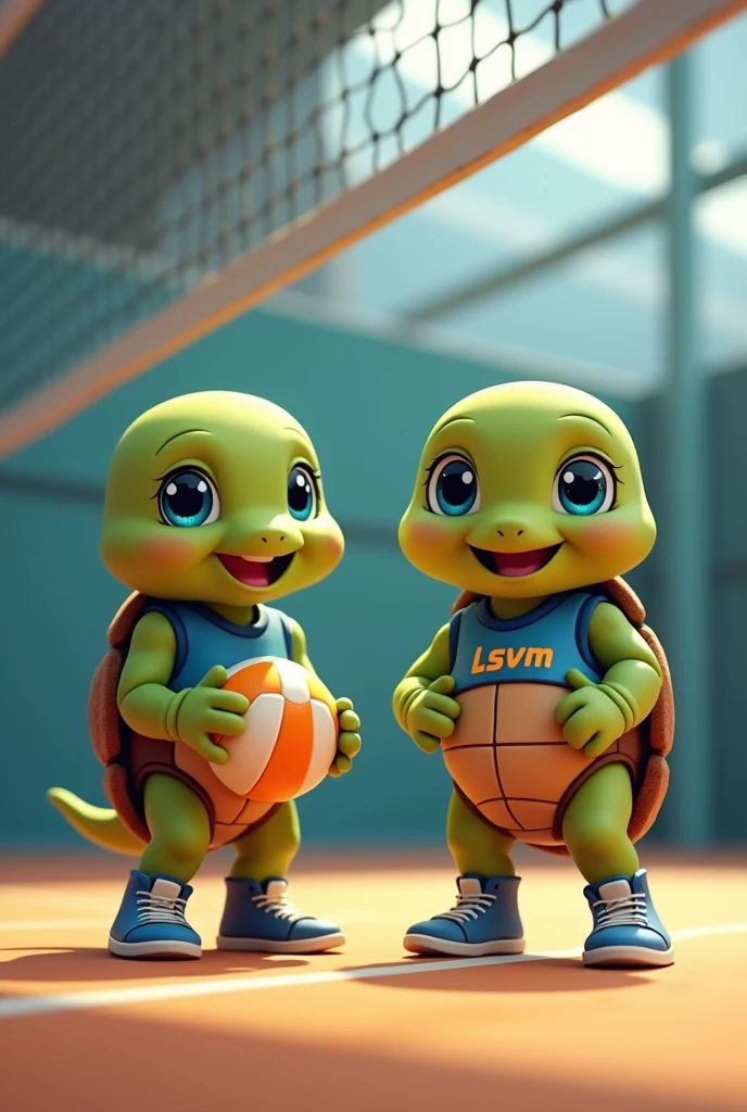 Waku and Tina, are adorable teenage turtles with vibrant green skin and a rich brown shell, look up with bright blue eyes that shine with excitement, as if celebrating a triumphant spike, they stand on a modern indoor volleyball court, prepared to training volleyball, wearing a small blue sleeveless t-shirt with a stylized orange "lsvm" logo on the chest, her tiny tennis shoes laced up and ready for the next serve with a volleyball in her hands, capturing the essence of its cheerful and competitive spirit, with soft, warm lighting casting a comforting glow on the overall scene.