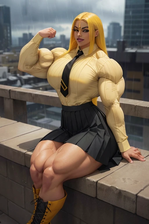 ((Close-up)), tall, (yellow hair) beautiful muscular latino woman, long flowing hair, light brown skinned, closed smile, (black lipstick), (massive muscles), (hyper muscle), (ginormous bulky muscles), gray eyes, ((long sleeve yellow pleated shirt)), ((long black pleated skirt)), (sitting on a ledge), necktie, boots, (on a raining rooftop), 