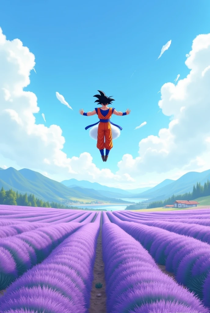 A lavender field with Goku on his flying cloud