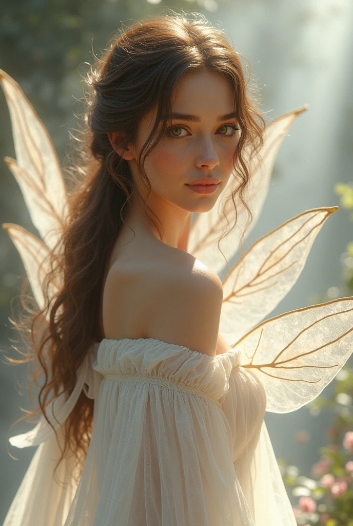 woman, olive skin, gorgeous, light brown hair, white garment, fairy princess style,fairy wings, ultra high resolution, 8k, 3d