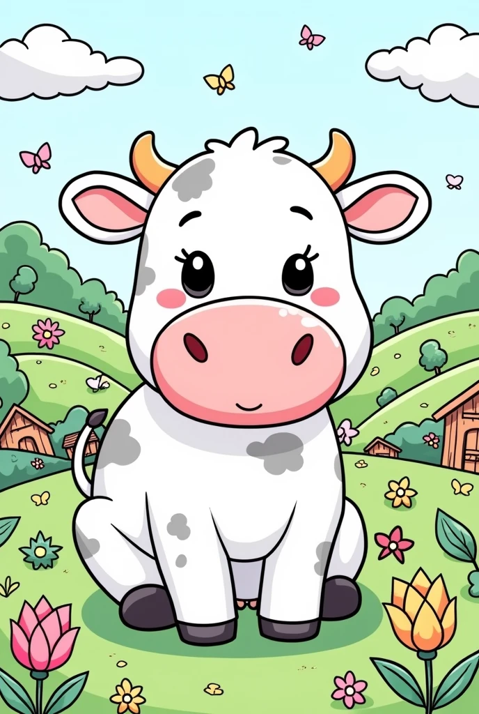 coloring page with a cute cow eating grass in the farm, thick lines, kawaii style
