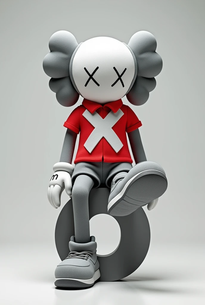 A shot of a gray Kaws style plushie of a seated figure with one leg raised. The figure is sitting sideways and has a large X on the chest. He is dressed in a red and white polo shirt and a pair of Nike sneakers. The background is simple. Sentado encima de la letra "o" en posición de lado