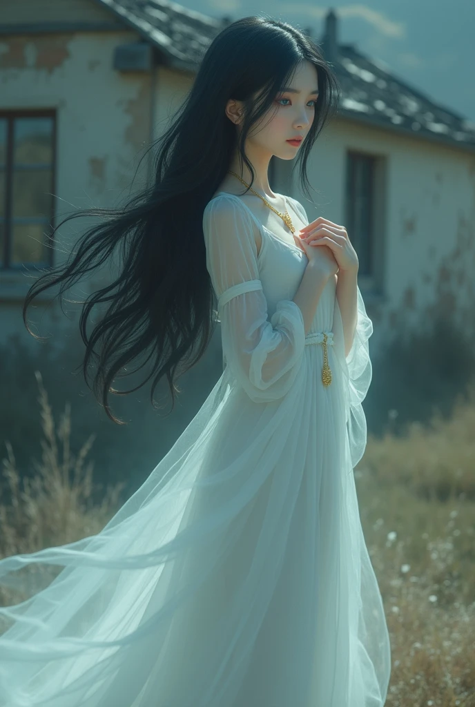 Create an animated image of a beautiful ghost woman, with white skin, blue eyes, long loose black hair, no bangs, wearing a simple white floor-length dress and holding a golden necklace on her chest, with an old house on the background. .