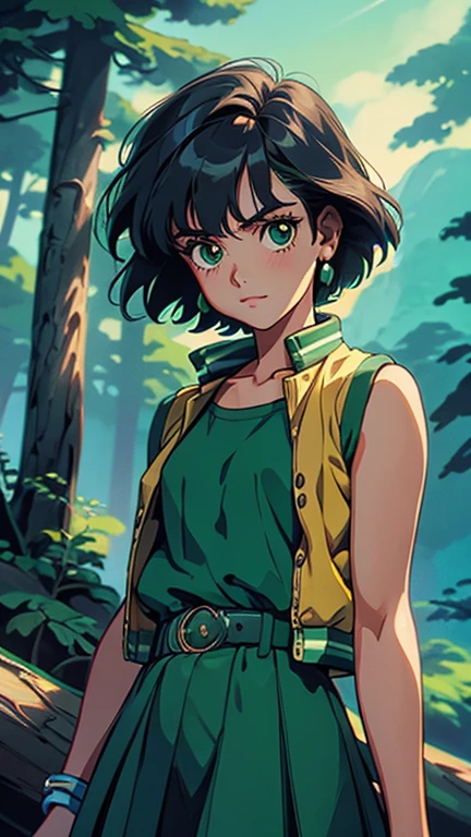 (Teens:1girl: ppgzbtc), (extremely detailed CG unit 8k wallpaper),(master part), (best quality), (ultra detail), (best illustration),(GHIBLI_Background), cowboy shot, (Sharp eyeliner, ombre, detailed eyes:1), forest, outdoor, ,break , (lora:80'sFusion:0.6), upper body, green eyes, short hair, earrings, yellow vest, green skirt, 