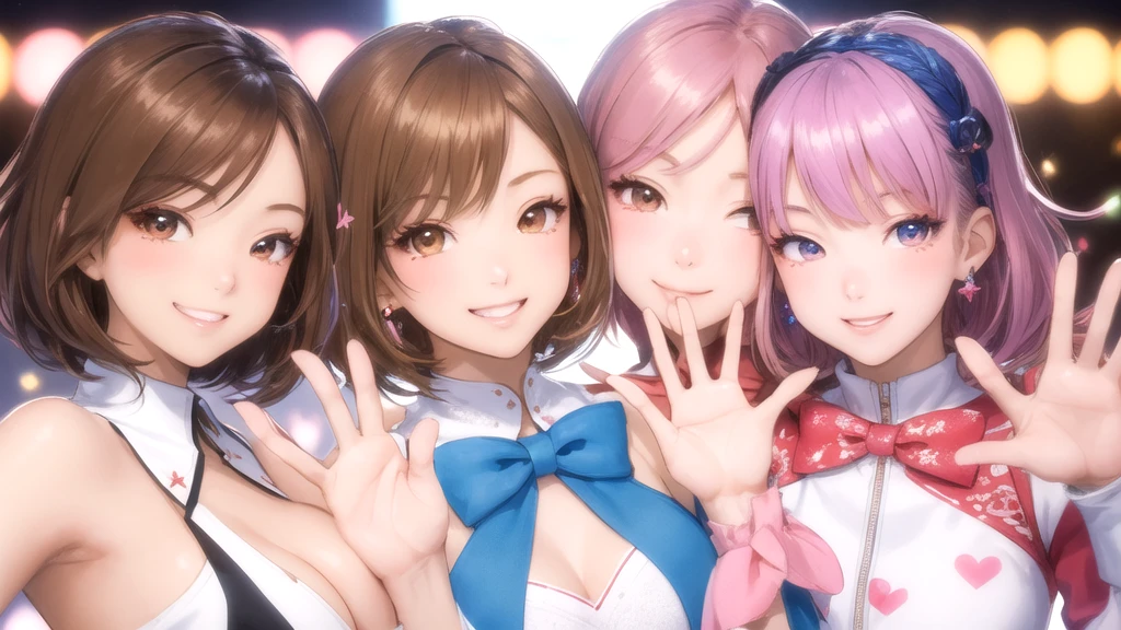 Masterpiece, super high quality anime style illustration. New York fashion show, twinkling lights, ((solo)),((one fashion model)), ((solo)),((two very cute girls)), ((smiling and waving)). (((highly detailed face))), perfect ((beautiful female face)), colorful hair, bob, short. brown eyes, perfect makeup. ((winking)). Chest-up shot. Close-up of face.