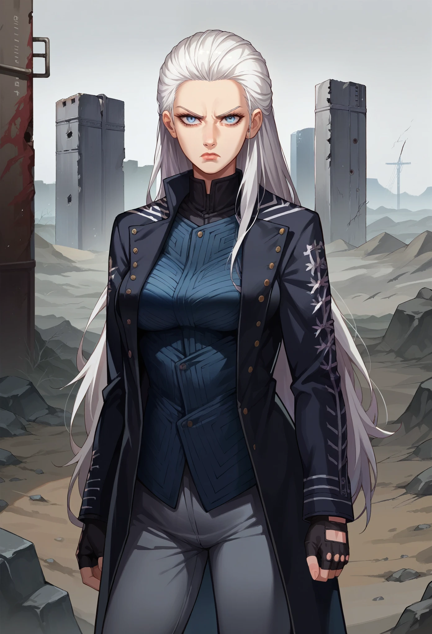 score_9, score_8_up, score_7_up, source_anime, 1girl, solo, female focus, dmc5vergil, white hair, long hair, medium breasts,blue eyes, black coat, fingerless gloves, pants, standing, serious, looking at you, wasteland, gray landscape, desolated, gray plain,