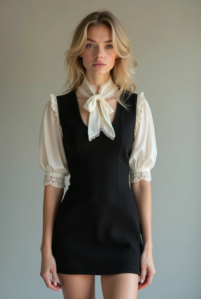 European female model wearing short black tweed dress with lace blouse underneath and bow