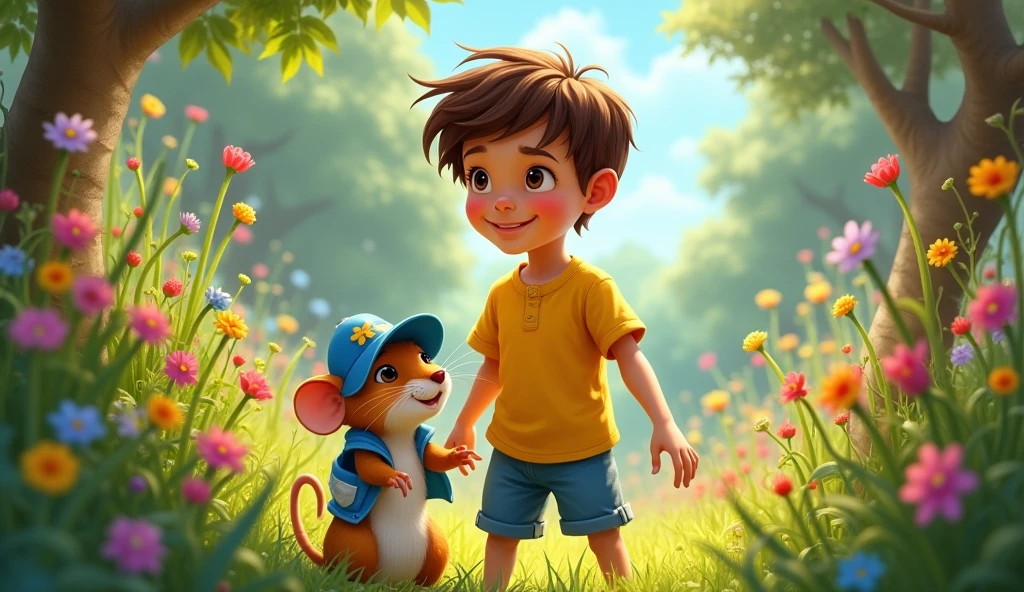 Create a magical fantasy-style illustration featuring a young boy named Léo, who has short brown hair and wears a yellow shirt with blue shorts. Léo is smiling as he stands in a colorful garden. Beside him is a small mouse named Remy, who is wearing a small blue hat and has bright, curious eyes. The garden is vibrant with flowers, tall grass, and hints of hidden secrets