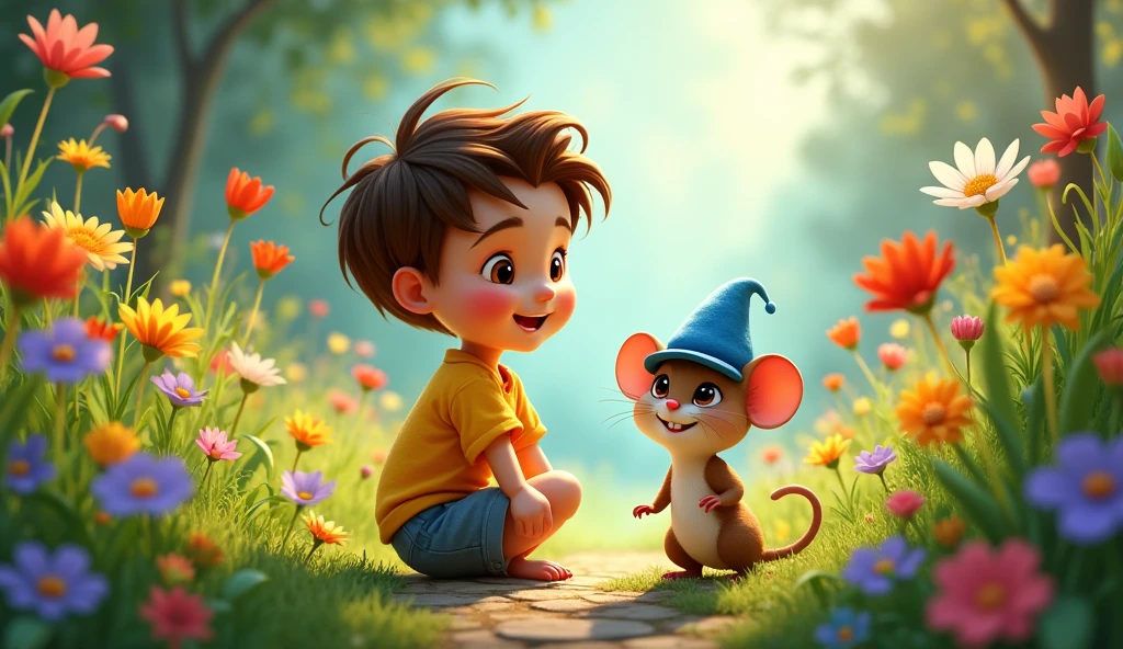 Create a magical fantasy-style illustration featuring a young boy named Léo, who has short brown hair and wears a yellow shirt with blue shorts. Léo is smiling as he stands in a colorful garden. Beside him is a small mouse named Remy, who is wearing a small blue hat and has bright, curious eyes. The garden is vibrant with flowers, tall grass, and hints of hidden secrets