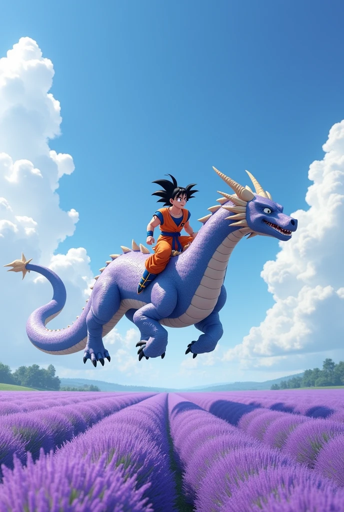 A lavender field with Goku on top of Shenlong
