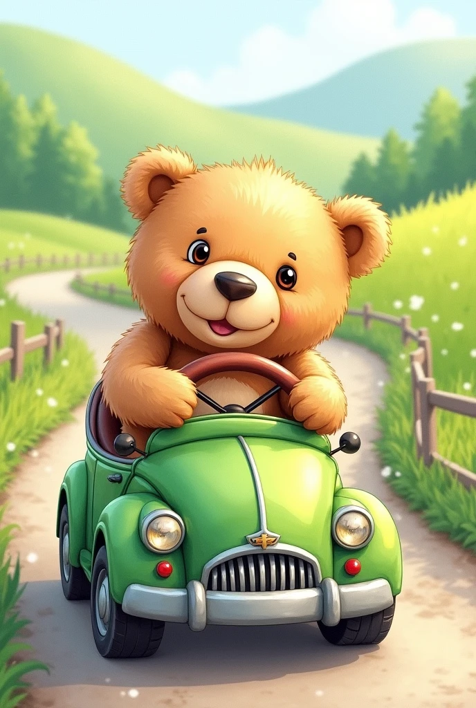 Very cute watercolor teddy bear driving a cute green car