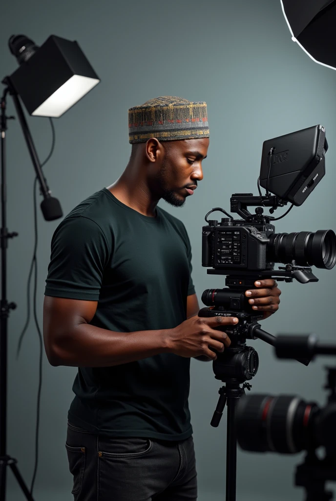 A black man in his 30s with camera gadgets in a set filming in a picture, also showing the subject he’s filming. Wearing a Nigerian native cap