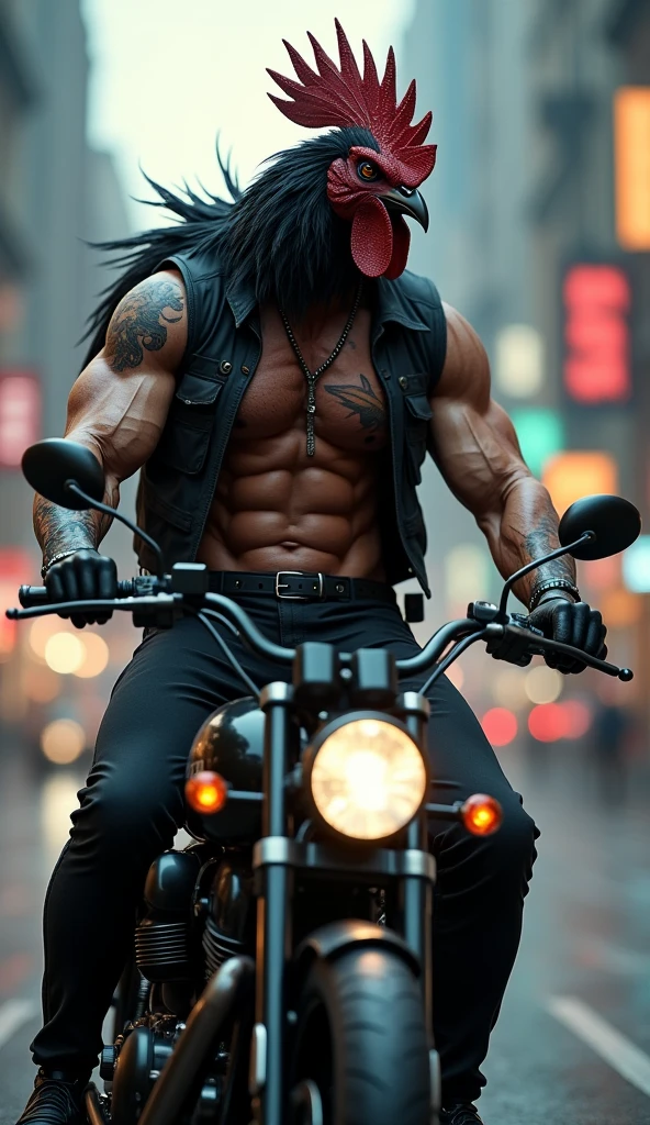 den, rooster bird, male, adult, veiny muscles, defined body, toned muscles, dark black pants, terrorist, bandit, criminal, pirate, serious look, fierce look, small eye, black feathered body, white feathers, detailed background, wild background, clear weather, realistic, photorealistic, ultra realistic, 8k, bare chest, black nipples, tight crotch, shirtless, utility belt, shiny skin, torso tattoo, long feathers, unbuttoned black vest, riding a motorcycle in the illuminated city