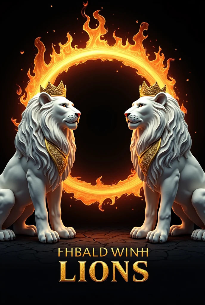 I want a black background with two white lions with gold details. They must have a crown and be located on the sides of the image. In the center there must be a ring of fire and in the lower central part of the image it must say the lionesses in white. 