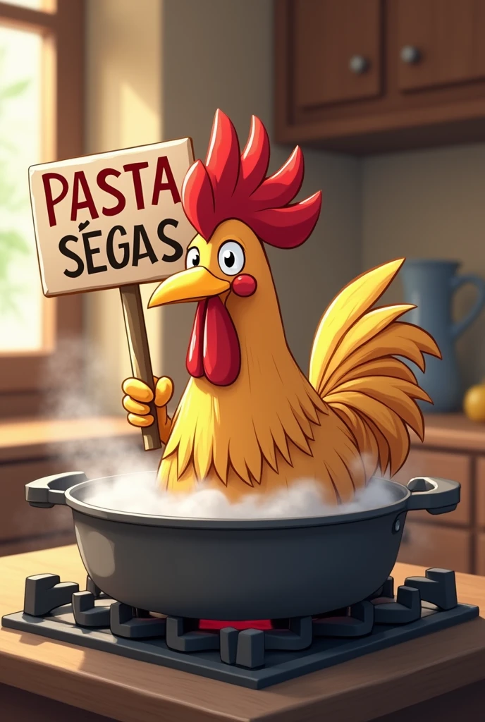 A 3d anime photo, of a live rooster, taking a bath inside a pan on the stove. Holding a sign written in Portuguese:
TODAY THERE IS ROOSTER WITH PASTA IN MADUREIRA