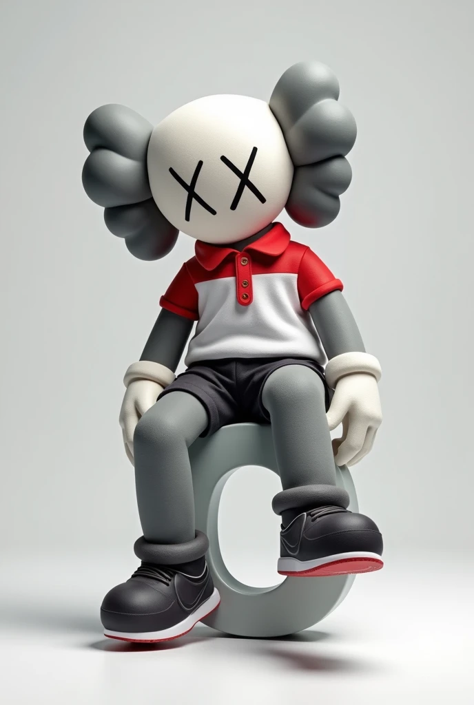 A shot of a gray Kaws style plushie of a seated figure with one leg raised. The figure is sitting sideways and has a large X on the chest. He is dressed in a red and white polo shirt and a pair of Nike sneakers. The background is simple. Sentado encima de la letra "o" en posición de lado