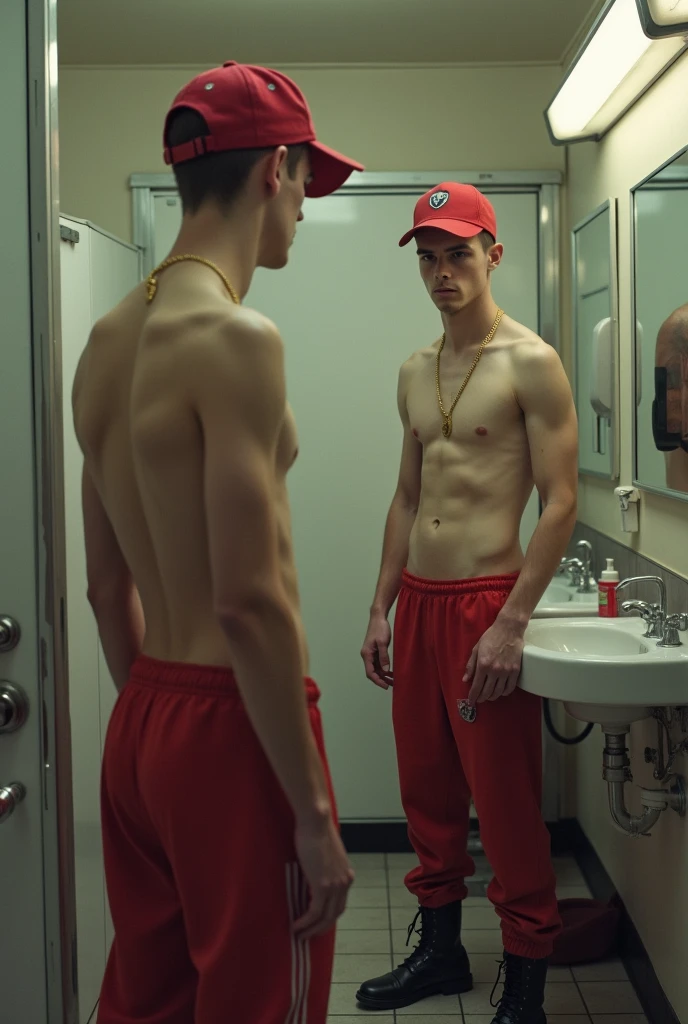 Young white male gas station attendant, wearing no shirt, with red cap, thin gold chain around the neck, red sweatpants and black boots looking at herself in the bathroom mirror, being watched in the background by a man sitting on the bench.