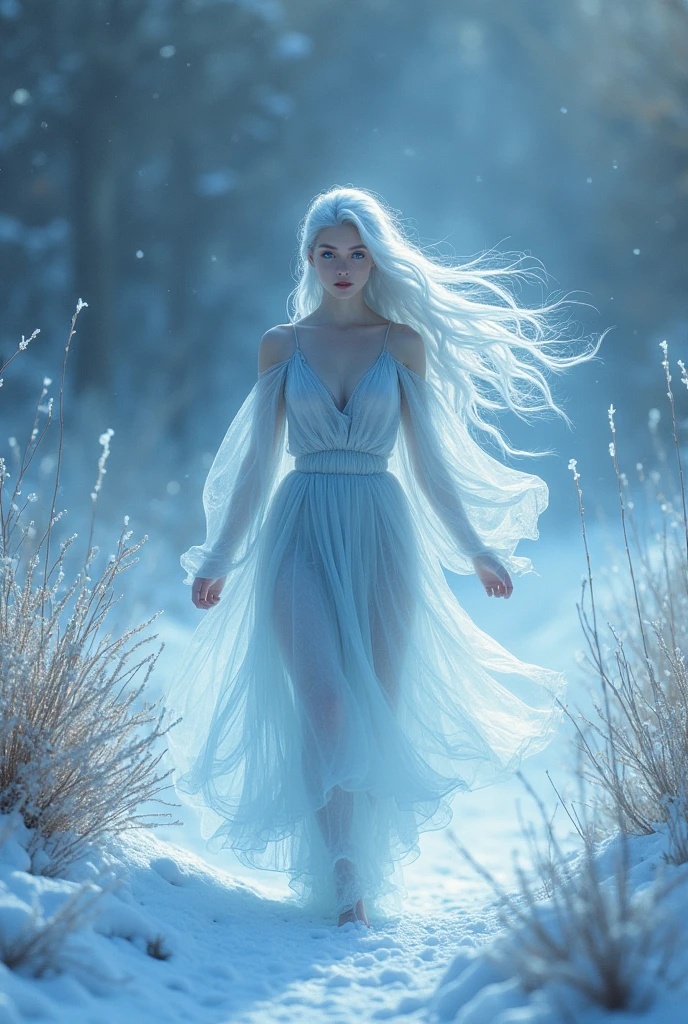 beings of a cold and almost supernatural beauty. Your skin, translucent as the purest ice, reflects light in a way that gives them a spectral glow. When they are on the move, The light that passes through her skin seems to fragment into flashes of soft colors, which makes them look like figures born from ice and snow.

his eyes, of an intense blue or silvery gray, They are deep and penetrating, capable of transmitting an ancient calm or a relentless coldness. The hair is long and flowing, with shades ranging from bright white to icy blue, and moves gently as if a winter breeze always surrounds them.

Often, Its presence is announced by a drop in the surrounding temperature., as if winter itself followed them. A delicate trail of frost forms on the ground where they walk., and nearby plants are covered with a thin layer of ice. The mists of ice and snow that envelop them often swirl, creating an almost dreamlike atmosphere around it, as if reality itself froze in its proximity.

with his appearance and aura, They exude a sense of antiquity and wisdom, as if they were guardians of winter secrets that have been kept hidden since the beginning of time. Their ethereal nature and their connection to the cold and snow make them seem almost like ghosts., eternal and unattainable, inspiring both wonder and fear in those who encounter them..