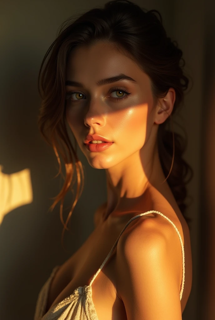 a naked skinny white woman, beautiful detailed eyes, beautiful detailed lips, extremely detailed eyes and face, long eyelashes, pale skin, slim figure, graceful pose, detailed skin texture, cinematic lighting, dramatic shadows, golden hour lighting, warm color palette, highly detailed, 8k, photorealistic, masterpiece, chiaroscuro lighting, oil painting