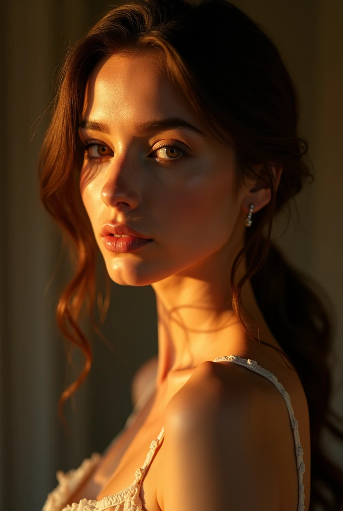 a naked skinny white woman, beautiful detailed eyes, beautiful detailed lips, extremely detailed eyes and face, long eyelashes, pale skin, slim figure, graceful pose, detailed skin texture, cinematic lighting, dramatic shadows, golden hour lighting, warm color palette, highly detailed, 8k, photorealistic, masterpiece, chiaroscuro lighting, oil painting