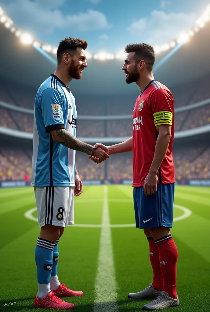 Make a picture of Messi shaking hands with Pedro Lourenço, also known as Pedrinho BH