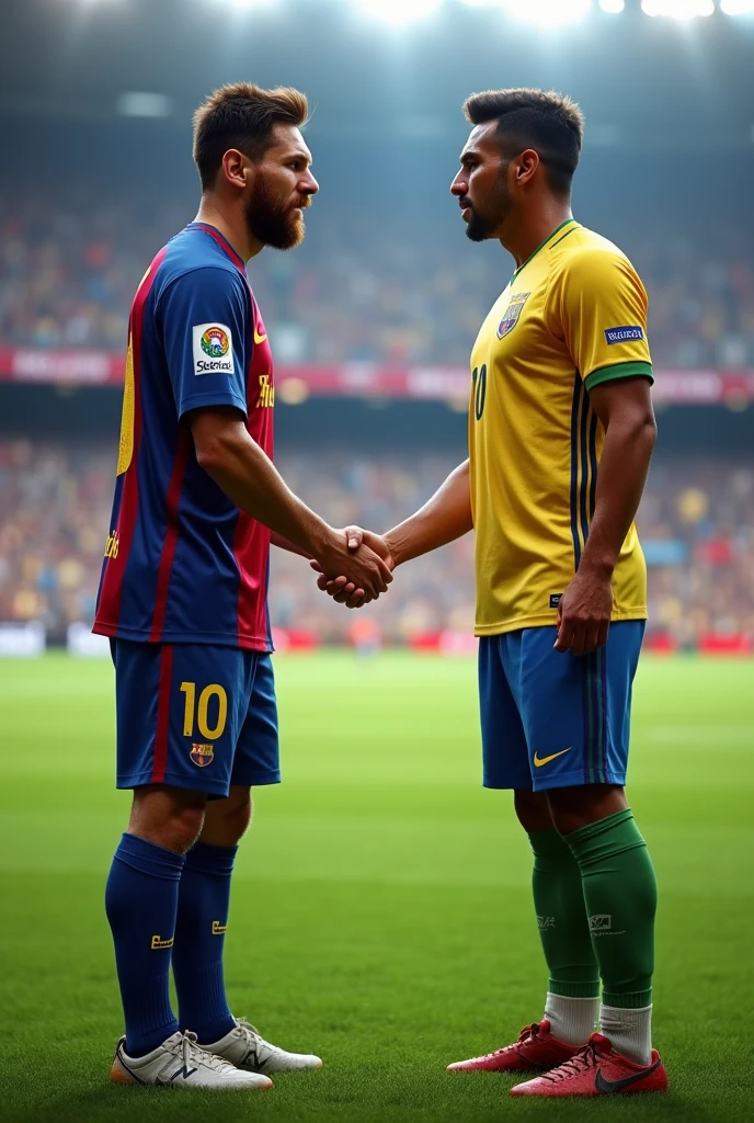 Make a picture of Messi shaking hands with Pedro Lourenço, also known as Pedrinho BH