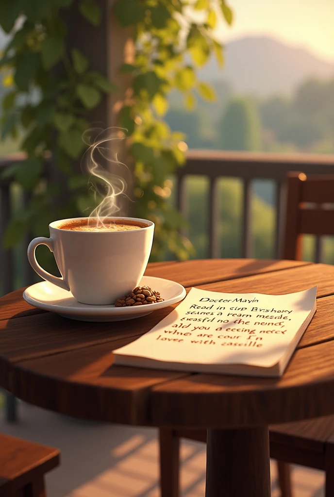 Terrace with a table and a cup of hot coffee with a note that says for Doctor Mayrin