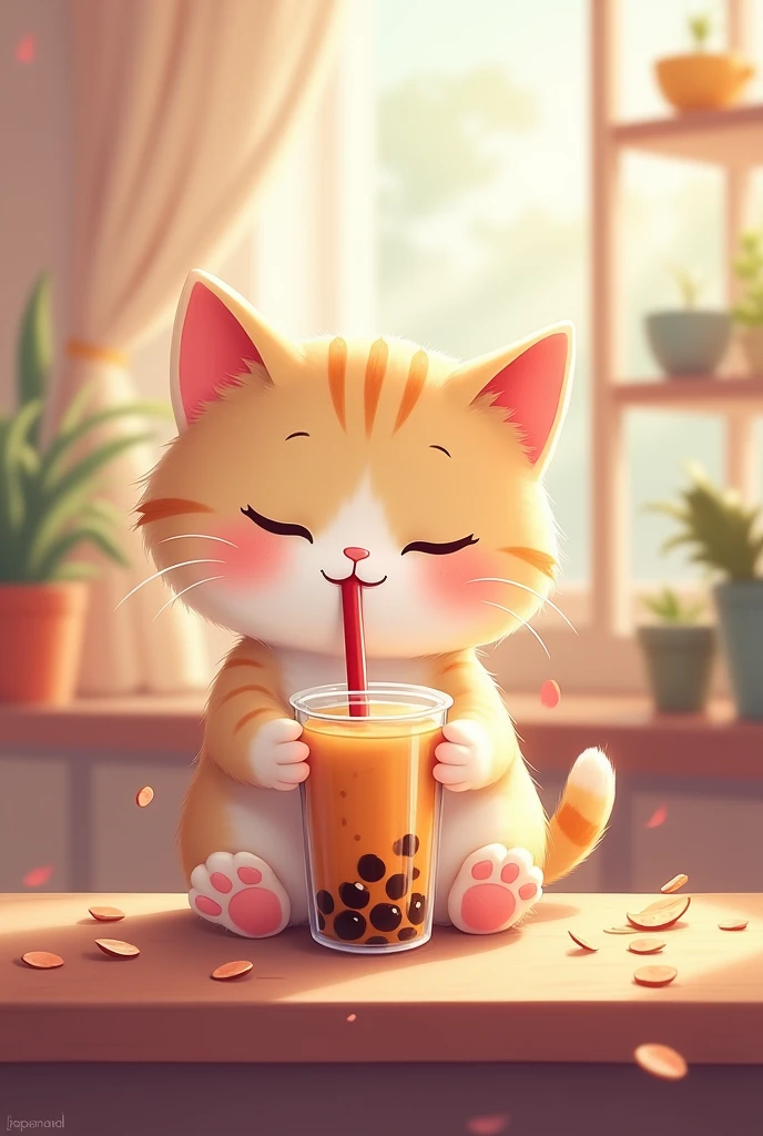 Meow meow bubble tea taste of love drinking boba tea with straw