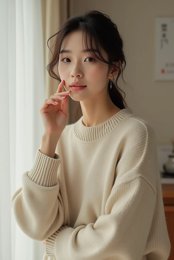 Woman in her 30s, brunette in a sweater, all Japanese chic