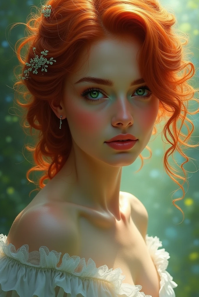A woman of approximately 2. Her hair is red and wavy. has outlined curves. Your eyes are emerald green.