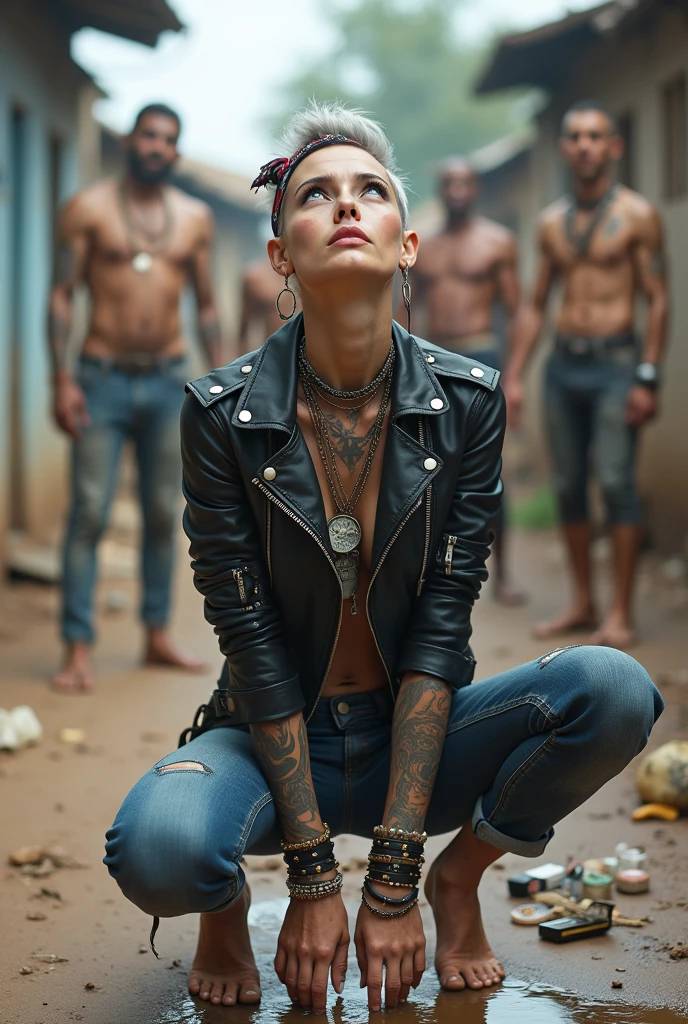 russian milf woman, grey hair (top bun, shaved sides), colourful bandana as headband, with very light blue eyes, extremely pale skin. Wearing tight aged black moto jacket studded collar) with lots of zippers and pins, flipped up collar. Worn skinny dark blue jeans with patches, wet knees. Barefoot, with bracelets around ankles. Chain around hips like belts. Dirty knees, dirty feet and muddy hands. Wide studded belt. Lots of metallic bracelets, lots of boho pendants and lots of colourful beads collars. Long huge boho. Chains around the hips. Squatting on a puddle with hands on her hips, looking up, chin up, stretching her neck , humble facial expression. Bracelets in ankles and rings in fingers. Black nail polish. studded black leather tote bag with chain on the floor, next to her.. Listening looking up in amazement to somebody speaking to her from the sky, upper teeth visible. Well toned abdominals, thin neck, slim legs and thin arms. Narrow hips Cleavage, stomach, neck, tigh and hands completely covered with tattoos. Dirt street in Kenyan village full of waste. A lot of tanned shirtless fat men in jeans around looking at her. next to her, all her belongings scattered on the floor: tobacco packs, makeup kit, little makeup mirror, studded black leather tote bag, lipstick, wallet, moble etc on the floor