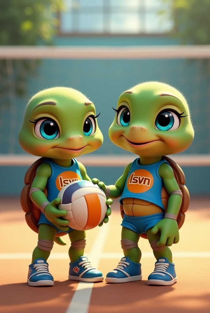 Waku and Tina, are adorable teenage turtles with vibrant green skin and a rich brown shell, look up with bright blue eyes that shine with excitement, as if celebrating a triumphant spike, they stand on a modern indoor volleyball court, prepared to training volleyball, wearing a small blue sleeveless t-shirt with a stylized orange "lsvm" logo on the chest, her tiny tennis shoes laced up and ready for the next serve with a volleyball in her hands, capturing the essence of its cheerful and competitive spirit, with soft, warm lighting casting a comforting glow on the overall scene.