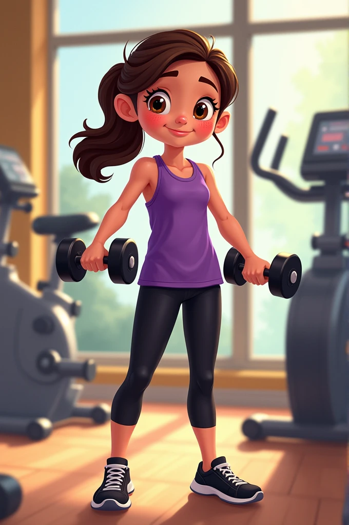 Disney-style poster with a girl in the gym, combed with ponytail dark brown hair and straight, Purple blouse and black sports leggings, black tennis shoes, dumbbells in hands, In the background you can see dumbbells and a stationary bike