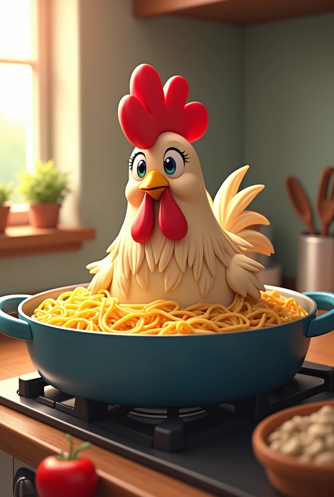 A 3d anime photo, of a live rooster, taking a bath inside a pan on the stove. 
TODAY THERE IS ROOSTER WITH PASTA IN MADUREIRA 
