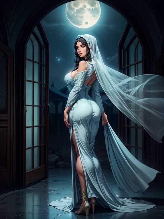 Mother of Jesus, black hair and green eyes, light brown skin, wearing a light blue robe, and a sky blue veil, a serene expression that brings peace (full body) near a window, illuminated by the moon (magnificent and realistic), cleavage showing, wide hips, ass view from behind