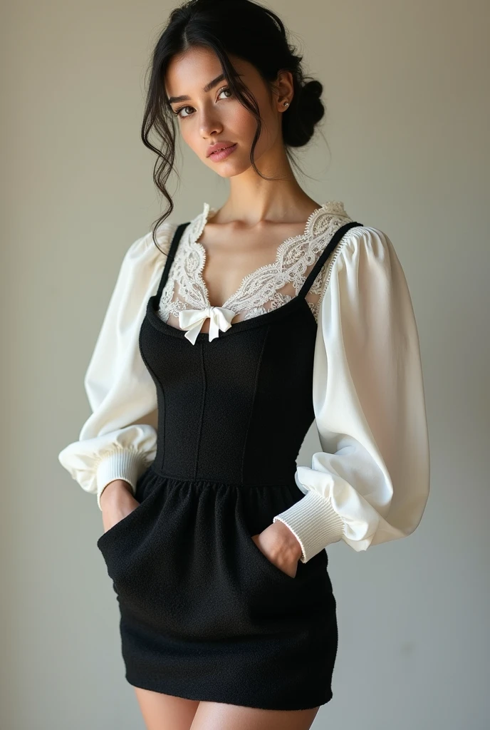 European female model wearing short black tweed dress with white lace blouse underneath and bow 