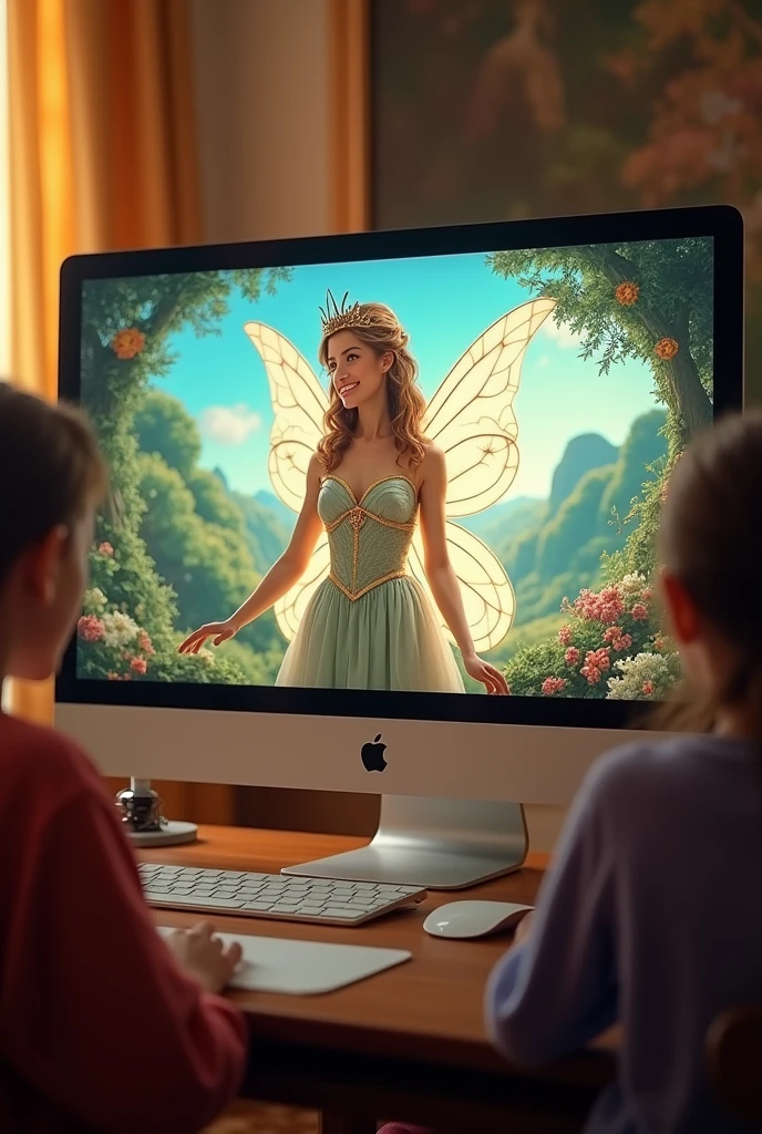 Show a computer screen with a teacher dressed as a fairy tale character.