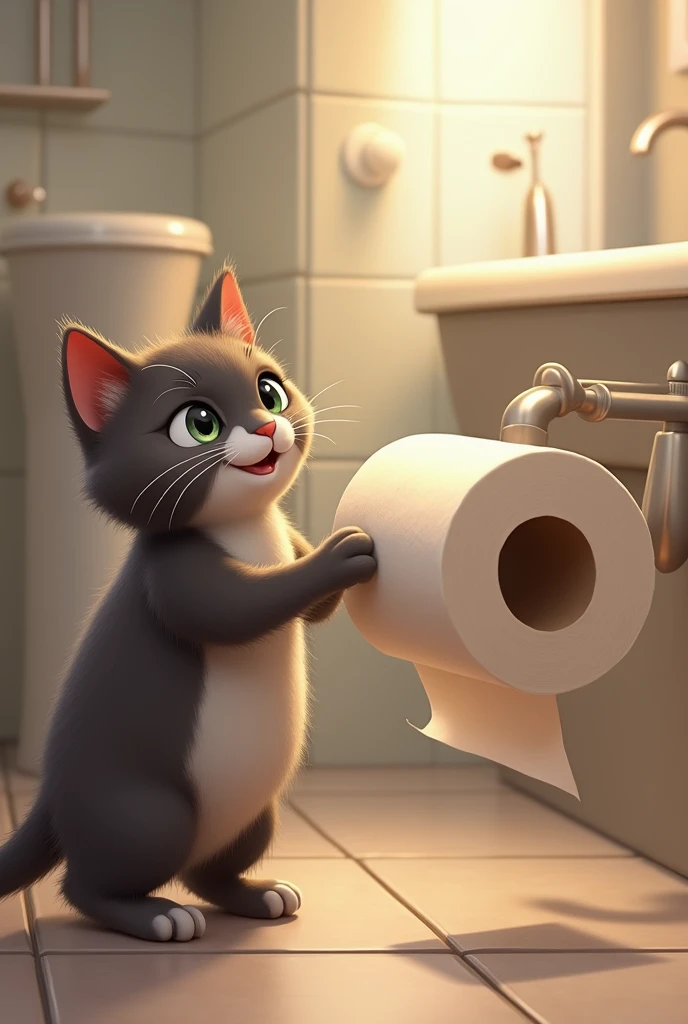 The cat realizes that the toilet paper is finished