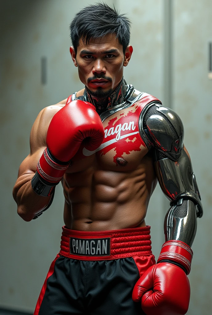 Generate a man boxer red gloves cybord body.
Face: like Manny Pacquiao
With clear and not hidden print "PAMAGAN".